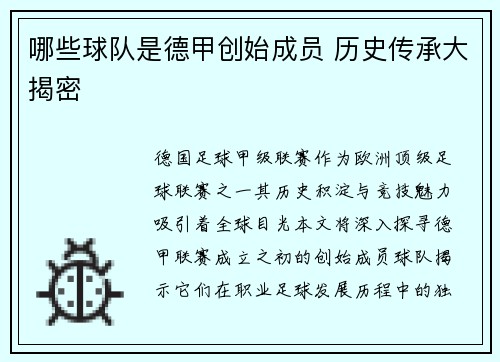 哪些球队是德甲创始成员 历史传承大揭密